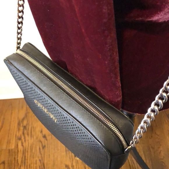 MICHAEL KORS Perforated Black Saffiano Crossbody with Silver Chain Leather Strap - Picture 7 of 15